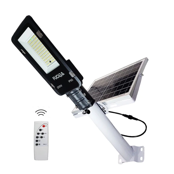 Lampa Solara Stradala Led Cu Telecomanda Si Brat, 100W, Lumina Alba Rece, 750Lm, Cu Senzor Zi-Noapte, Fucida